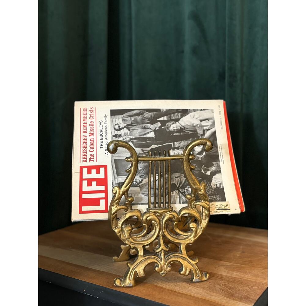 Antique MCM Cast Iron Lyre Harp Music Magazine Book Holder Gilted Metal